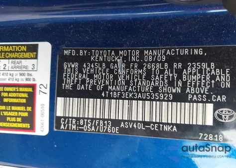 2010 Toyota Camry Le z USA, uszkodzony, nr VIN 4T1BF3EK3AU535929